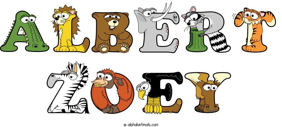 Albert Zoey animal word art spelling Albert Zoey with Alphabetimals - cartoon alphabet animals
