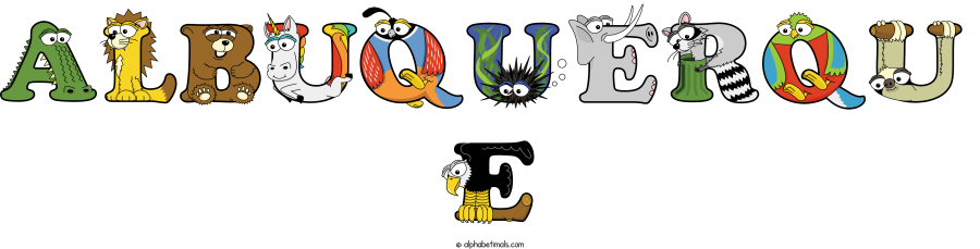 Albuquerqu E animal word art spelling Albuquerqu E with Alphabetimals - cartoon alphabet animals
