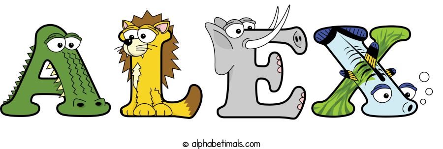 Alex animal word art spelling Alex with Alphabetimals - cartoon alphabet animals