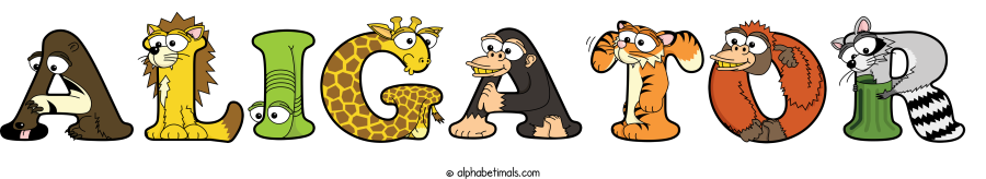 Aligator animal word art spelling Aligator with Alphabetimals - cartoon alphabet animals