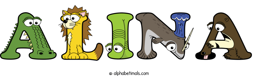 Alina animal word art spelling Alina with Alphabetimals - cartoon alphabet animals