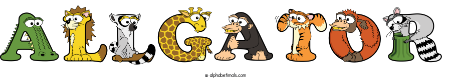 Allgator animal word art spelling Allgator with Alphabetimals - cartoon alphabet animals