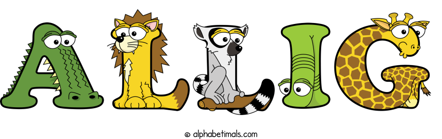 Allig animal word art spelling Allig with Alphabetimals - cartoon alphabet animals