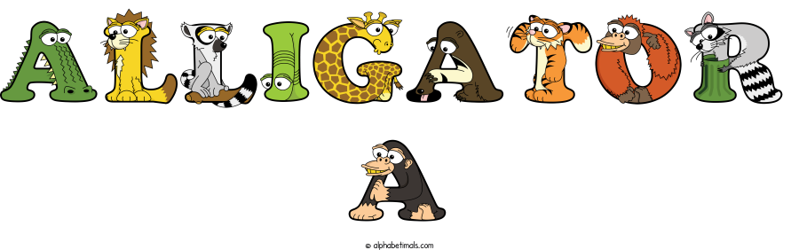 Alligator A animal word art spelling Alligator A with Alphabetimals - cartoon alphabet animals