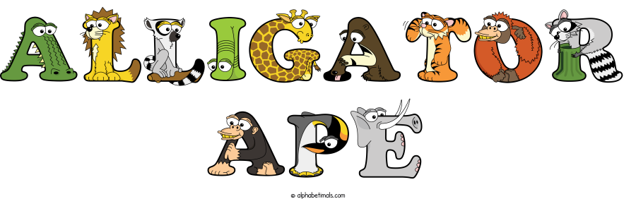 Alligator Ape animal word art spelling Alligator Ape with Alphabetimals - cartoon alphabet animals