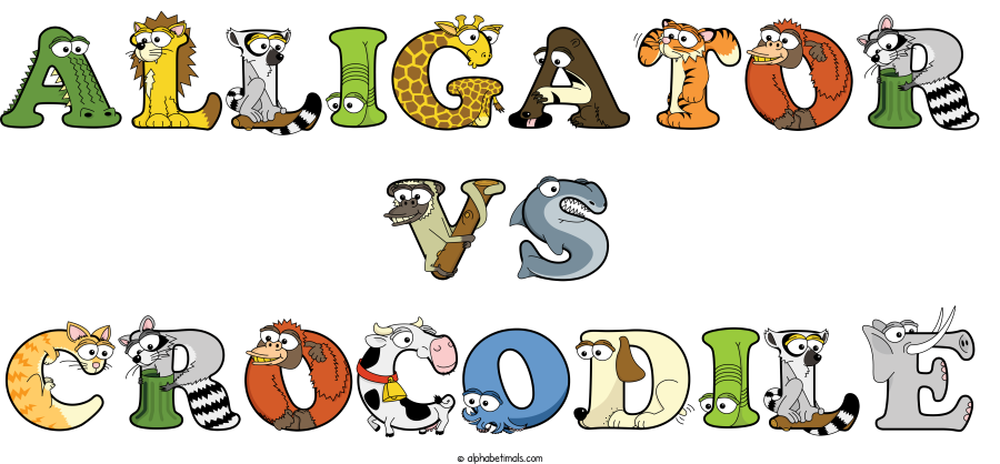 Alligator Vs Crocodile animal word art spelling Alligator Vs Crocodile with Alphabetimals - cartoon alphabet animals