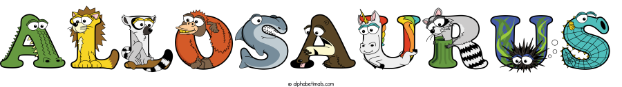 Allosaurus animal word art spelling Allosaurus with Alphabetimals - cartoon alphabet animals