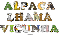 alpaca-lhama-vicunha spelled using animal alphabet letters