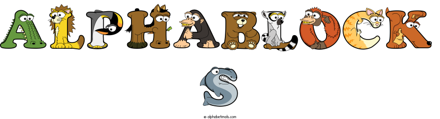 Alphablock S animal word art spelling Alphablock S with Alphabetimals - cartoon alphabet animals