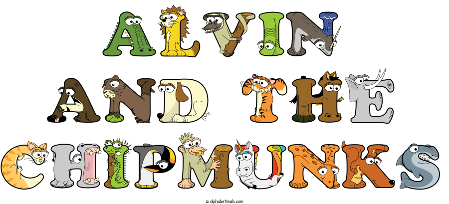 Alvin And The Chipmunks animal word art spelling Alvin And The Chipmunks with Alphabetimals - cartoon alphabet animals