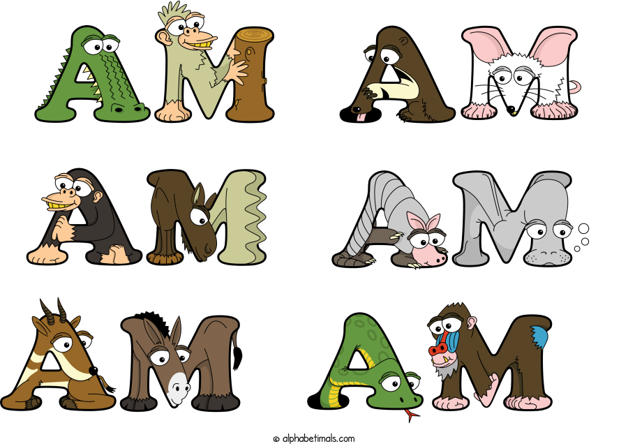 Am Am Am Am Am Am animal word art spelling Am Am Am Am Am Am with Alphabetimals - cartoon alphabet animals