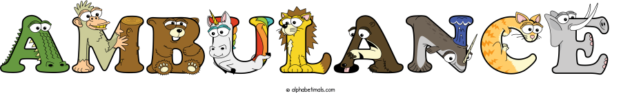 Ambulance animal word art spelling Ambulance with Alphabetimals - cartoon alphabet animals