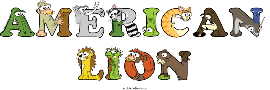 American Lion animal word art spelling American Lion with Alphabetimals - cartoon alphabet animals