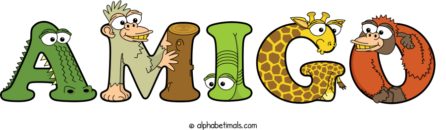 Amigo animal word art spelling Amigo with Alphabetimals - cartoon alphabet animals