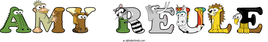Amy Reule animal word art spelling Amy Reule with Alphabetimals - cartoon alphabet animals