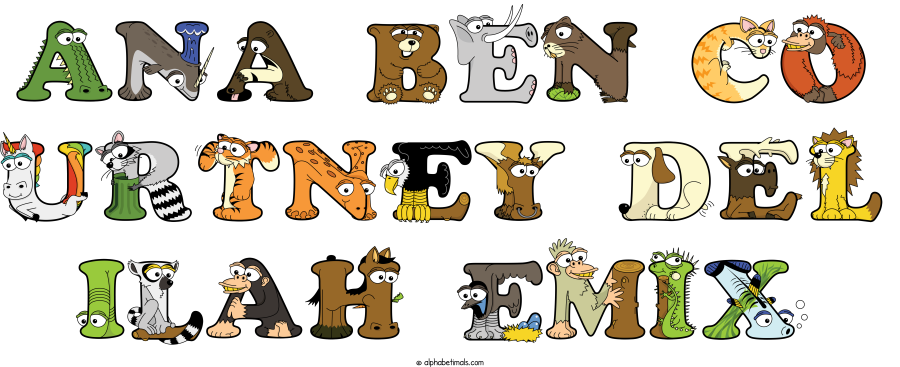 Ana Ben Co Urtney Del Ilah Emix animal word art spelling Ana Ben Co Urtney Del Ilah Emix with Alphabetimals - cartoon alphabet animals