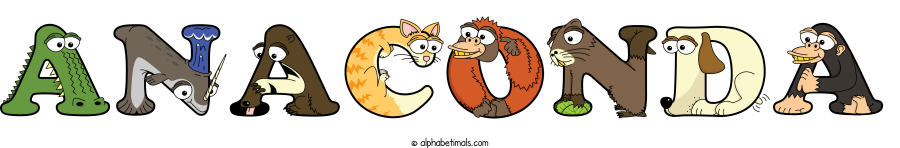 Anaconda animal word art spelling Anaconda with Alphabetimals - cartoon alphabet animals