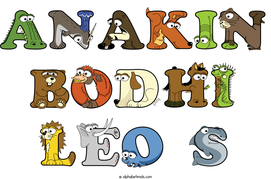 Anakin Bodhi Leo S animal word art spelling Anakin Bodhi Leo S with Alphabetimals - cartoon alphabet animals