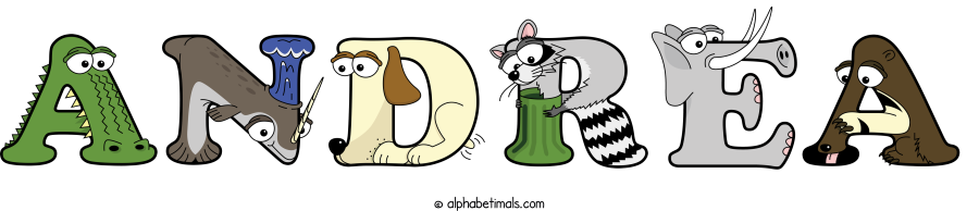 Andrea animal word art spelling Andrea with Alphabetimals - cartoon alphabet animals