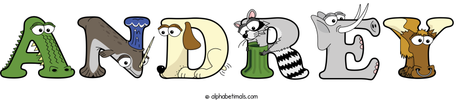 Andrey animal word art spelling Andrey with Alphabetimals - cartoon alphabet animals
