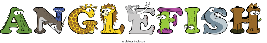 Anglefish animal word art spelling Anglefish with Alphabetimals - cartoon alphabet animals