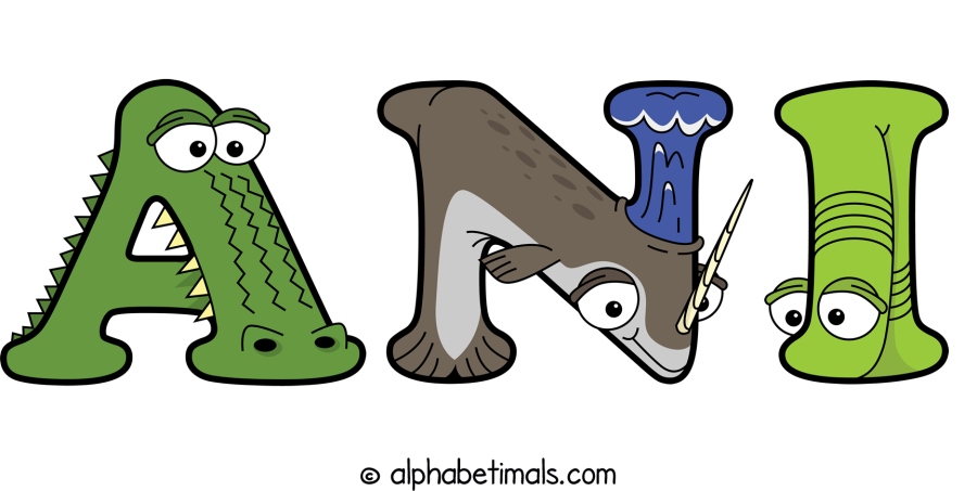 Ani animal word art spelling Ani with Alphabetimals - cartoon alphabet animals