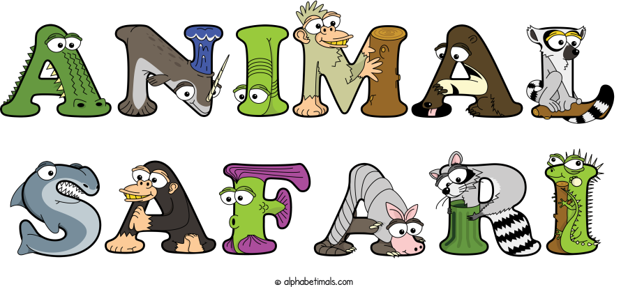 Animal Safari animal word art spelling Animal Safari with Alphabetimals - cartoon alphabet animals