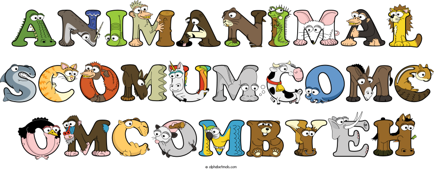 Animanimal Scomumcomc Omcombyeh animal word art spelling Animanimal Scomumcomc Omcombyeh with Alphabetimals - cartoon alphabet animals