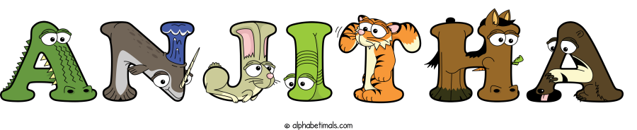 Anjitha animal word art spelling Anjitha with Alphabetimals - cartoon alphabet animals