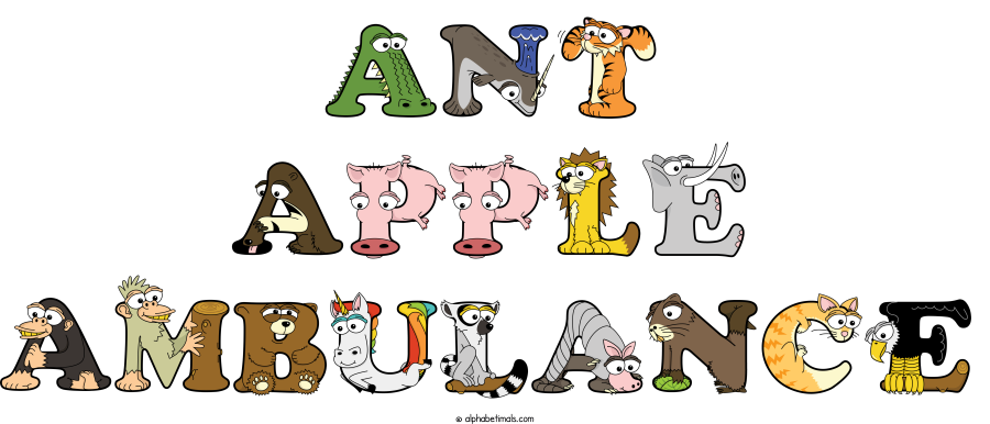 Ant Apple Ambulance animal word art spelling Ant Apple Ambulance with Alphabetimals - cartoon alphabet animals