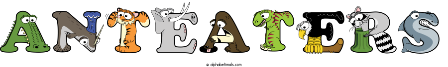 Anteaters animal word art spelling Anteaters with Alphabetimals - cartoon alphabet animals