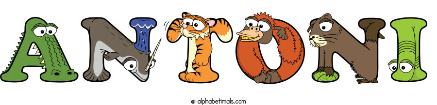Antoni animal word art spelling Antoni with Alphabetimals - cartoon alphabet animals