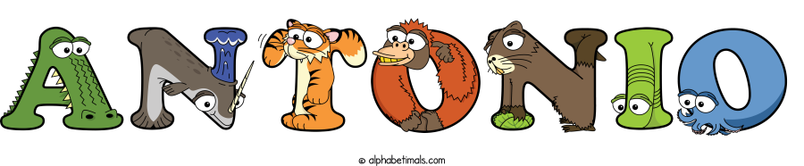 Antonio animal word art spelling Antonio with Alphabetimals - cartoon alphabet animals