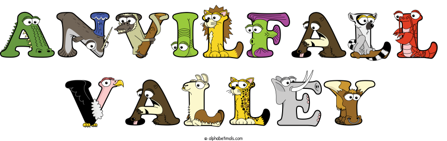 Anvilfall Valley animal word art spelling Anvilfall Valley with Alphabetimals - cartoon alphabet animals
