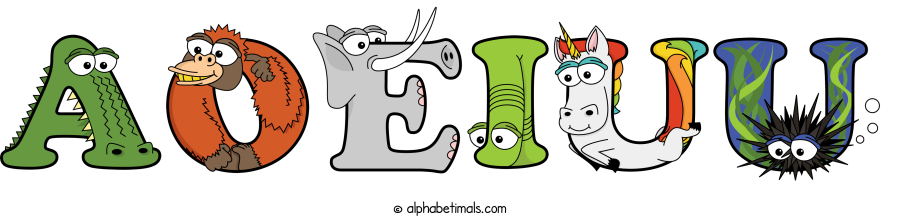 Aoeiuu animal word art spelling Aoeiuu with Alphabetimals - cartoon alphabet animals