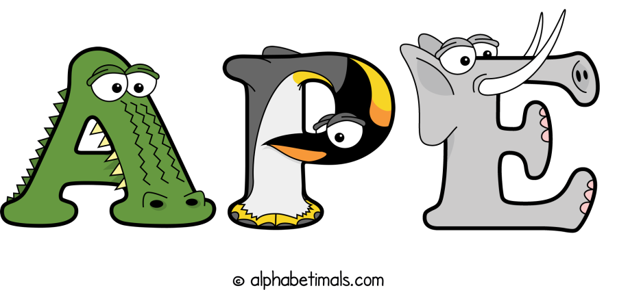 Ape animal word art spelling Ape with Alphabetimals - cartoon alphabet animals