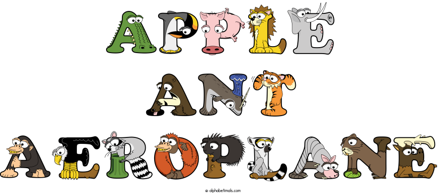 Apple Ant Aeroplane animal word art spelling Apple Ant Aeroplane with Alphabetimals - cartoon alphabet animals