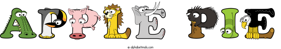 Apple Pie animal word art spelling Apple Pie with Alphabetimals - cartoon alphabet animals