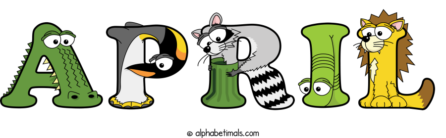 April animal word art spelling April with Alphabetimals - cartoon alphabet animals