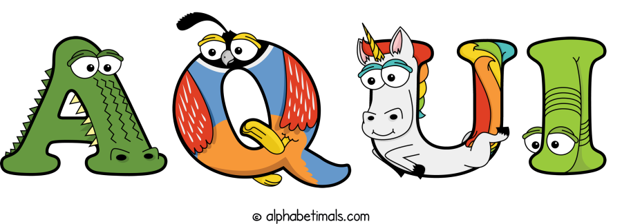 Aqui animal word art spelling Aqui with Alphabetimals - cartoon alphabet animals