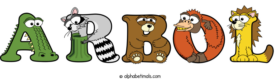 Arbol animal word art spelling Arbol with Alphabetimals - cartoon alphabet animals