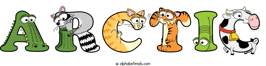 Arctic animal word art spelling Arctic with Alphabetimals - cartoon alphabet animals