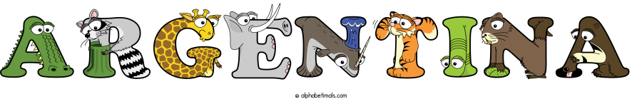 Argentina animal word art spelling Argentina with Alphabetimals - cartoon alphabet animals