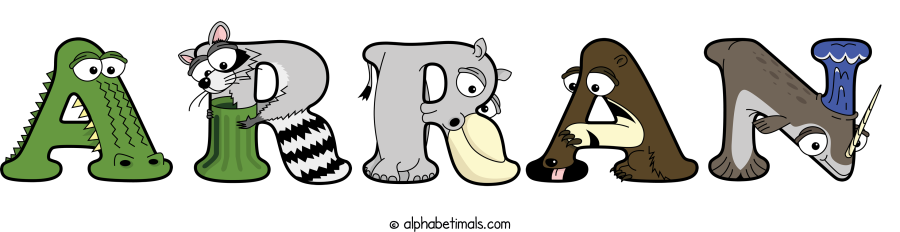 Arran animal word art spelling Arran with Alphabetimals - cartoon alphabet animals