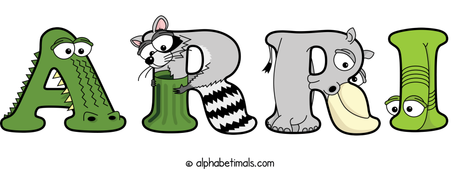 Arri animal word art spelling Arri with Alphabetimals - cartoon alphabet animals