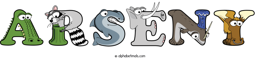 Arseny animal word art spelling Arseny with Alphabetimals - cartoon alphabet animals