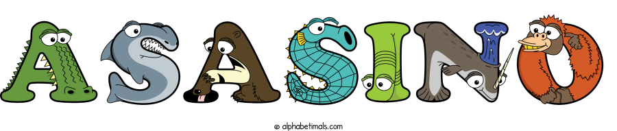 Asasino animal word art spelling Asasino with Alphabetimals - cartoon alphabet animals