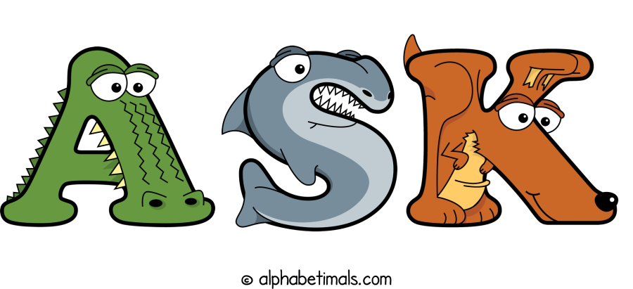 Ask animal word art spelling Ask with Alphabetimals - cartoon alphabet animals