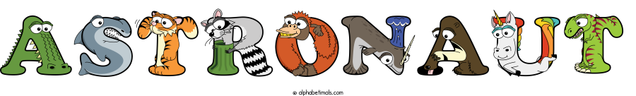 Astronaut animal word art spelling Astronaut with Alphabetimals - cartoon alphabet animals