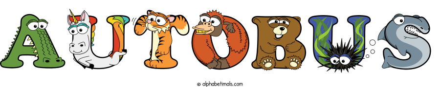 Autobus animal word art spelling Autobus with Alphabetimals - cartoon alphabet animals